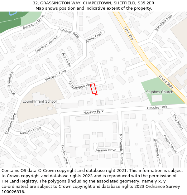 32, GRASSINGTON WAY, CHAPELTOWN, SHEFFIELD, S35 2ER: Location map and indicative extent of plot