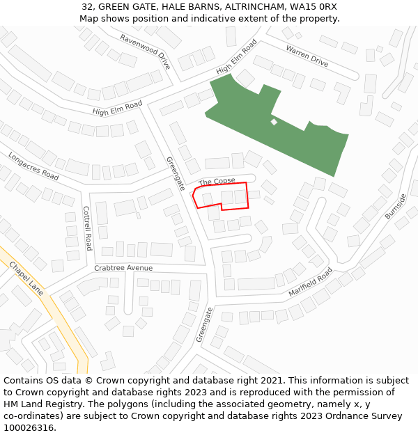 32, GREEN GATE, HALE BARNS, ALTRINCHAM, WA15 0RX: Location map and indicative extent of plot