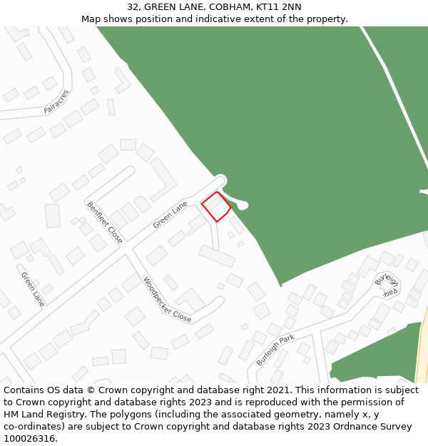 32, GREEN LANE, COBHAM, KT11 2NN: Location map and indicative extent of plot