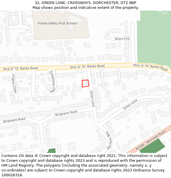 32, GREEN LANE, CROSSWAYS, DORCHESTER, DT2 8BP: Location map and indicative extent of plot