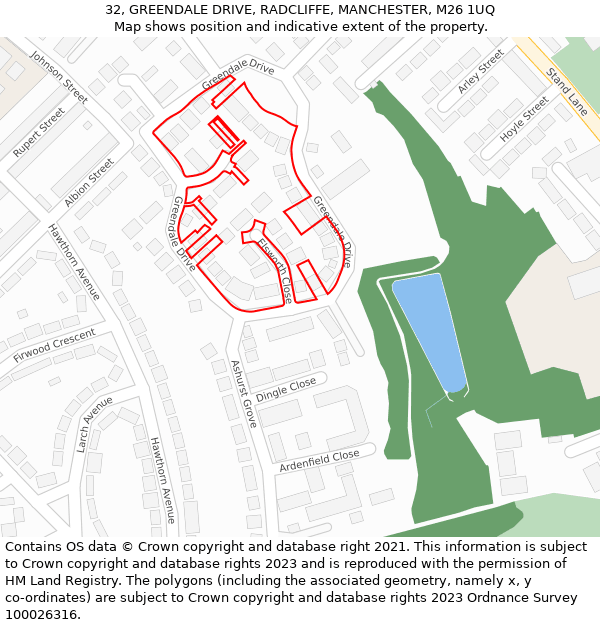 32, GREENDALE DRIVE, RADCLIFFE, MANCHESTER, M26 1UQ: Location map and indicative extent of plot