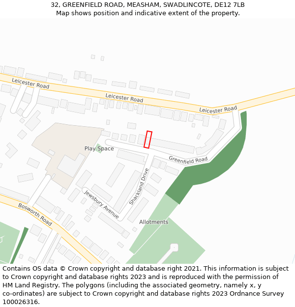 32, GREENFIELD ROAD, MEASHAM, SWADLINCOTE, DE12 7LB: Location map and indicative extent of plot