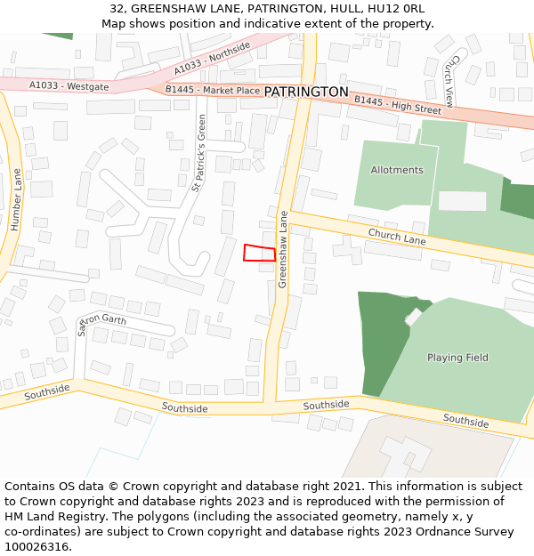 32, GREENSHAW LANE, PATRINGTON, HULL, HU12 0RL: Location map and indicative extent of plot