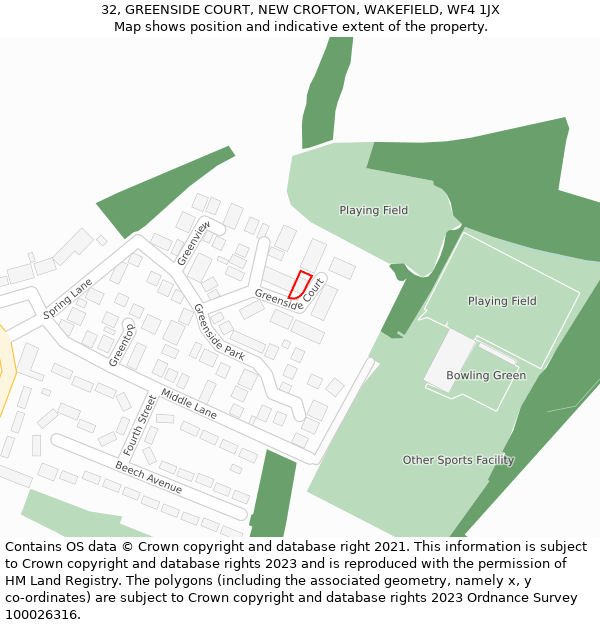 32, GREENSIDE COURT, NEW CROFTON, WAKEFIELD, WF4 1JX: Location map and indicative extent of plot