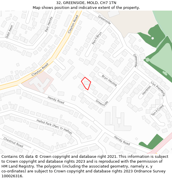 32, GREENSIDE, MOLD, CH7 1TN: Location map and indicative extent of plot