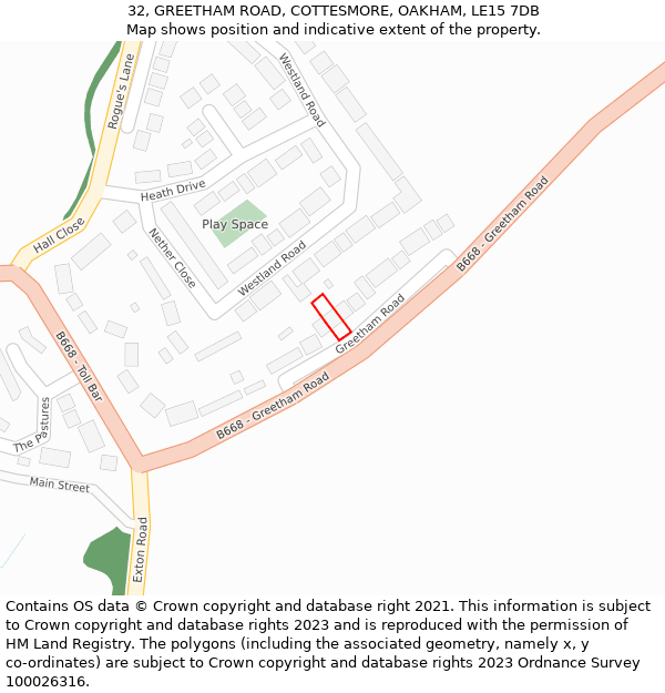 32, GREETHAM ROAD, COTTESMORE, OAKHAM, LE15 7DB: Location map and indicative extent of plot