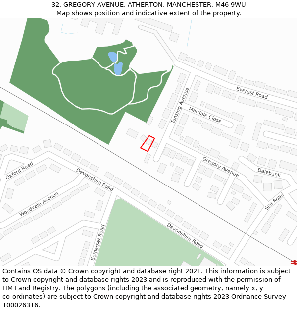 32, GREGORY AVENUE, ATHERTON, MANCHESTER, M46 9WU: Location map and indicative extent of plot