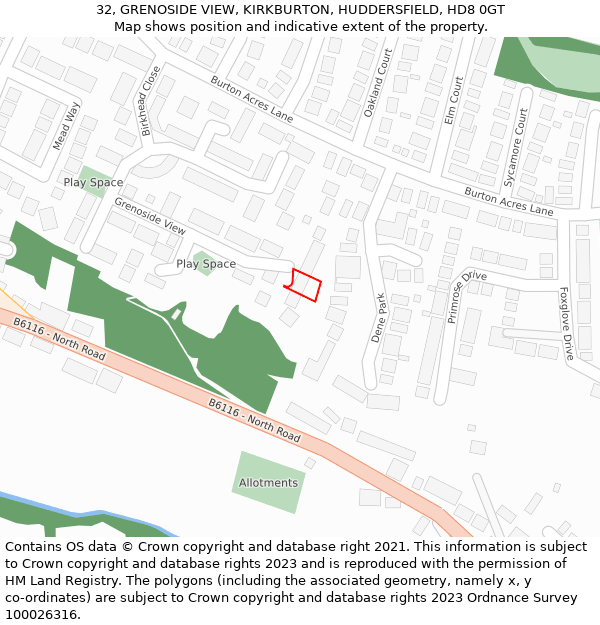 32, GRENOSIDE VIEW, KIRKBURTON, HUDDERSFIELD, HD8 0GT: Location map and indicative extent of plot