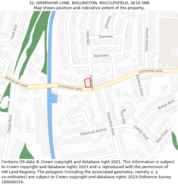 32, GRIMSHAW LANE, BOLLINGTON, MACCLESFIELD, SK10 5NB: Location map and indicative extent of plot