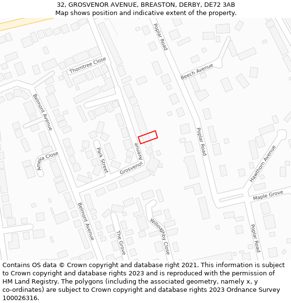 32, GROSVENOR AVENUE, BREASTON, DERBY, DE72 3AB: Location map and indicative extent of plot