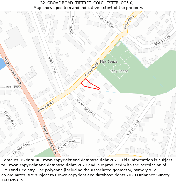 32, GROVE ROAD, TIPTREE, COLCHESTER, CO5 0JL: Location map and indicative extent of plot