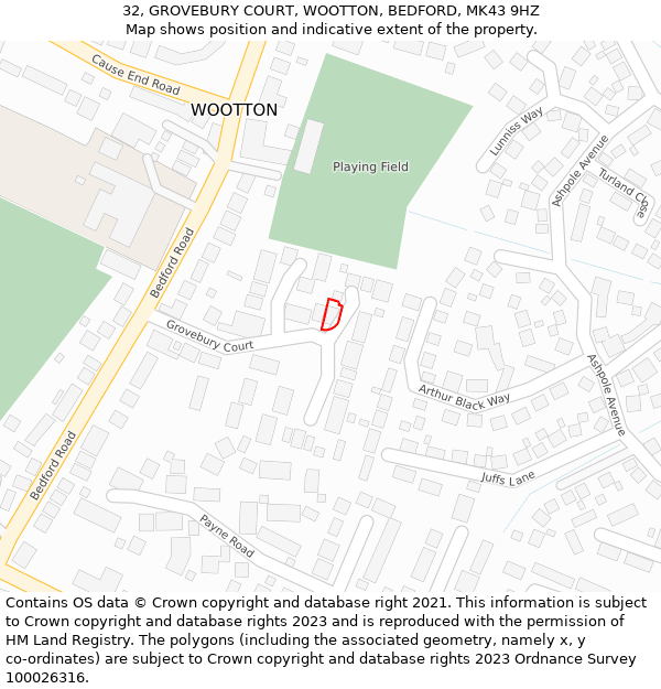 32, GROVEBURY COURT, WOOTTON, BEDFORD, MK43 9HZ: Location map and indicative extent of plot