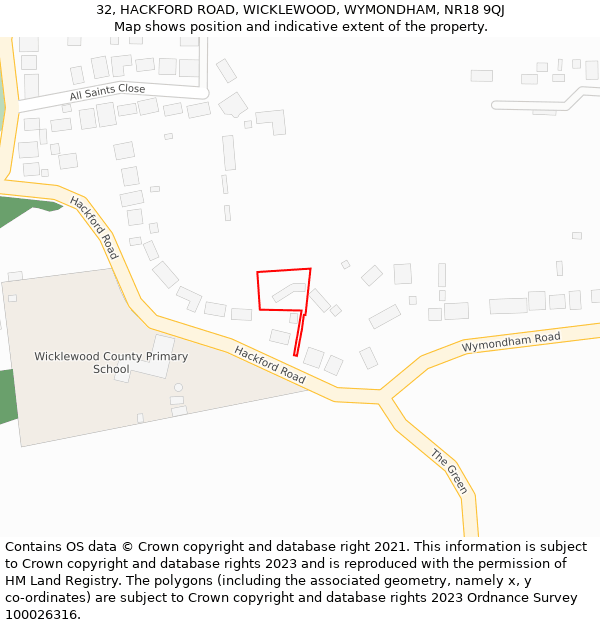 32, HACKFORD ROAD, WICKLEWOOD, WYMONDHAM, NR18 9QJ: Location map and indicative extent of plot