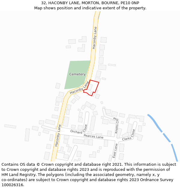 32, HACONBY LANE, MORTON, BOURNE, PE10 0NP: Location map and indicative extent of plot