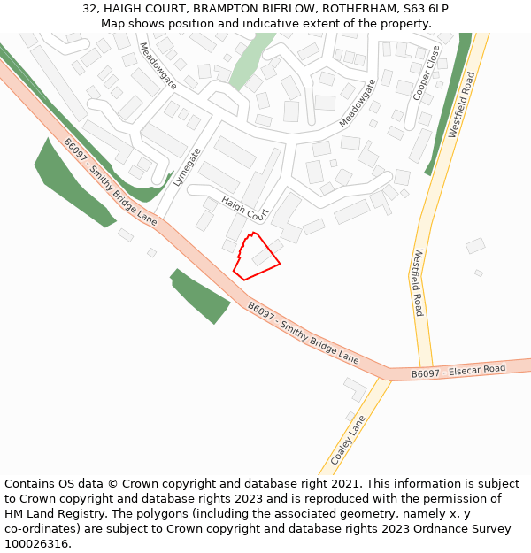 32, HAIGH COURT, BRAMPTON BIERLOW, ROTHERHAM, S63 6LP: Location map and indicative extent of plot