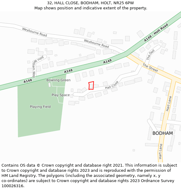 32, HALL CLOSE, BODHAM, HOLT, NR25 6PW: Location map and indicative extent of plot