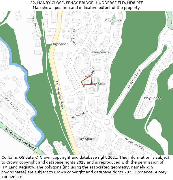 32, HANBY CLOSE, FENAY BRIDGE, HUDDERSFIELD, HD8 0FE: Location map and indicative extent of plot