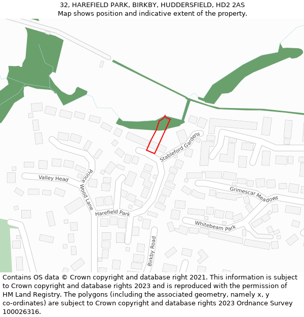 32, HAREFIELD PARK, BIRKBY, HUDDERSFIELD, HD2 2AS: Location map and indicative extent of plot