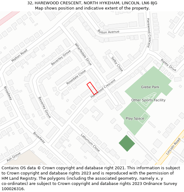 32, HAREWOOD CRESCENT, NORTH HYKEHAM, LINCOLN, LN6 8JG: Location map and indicative extent of plot