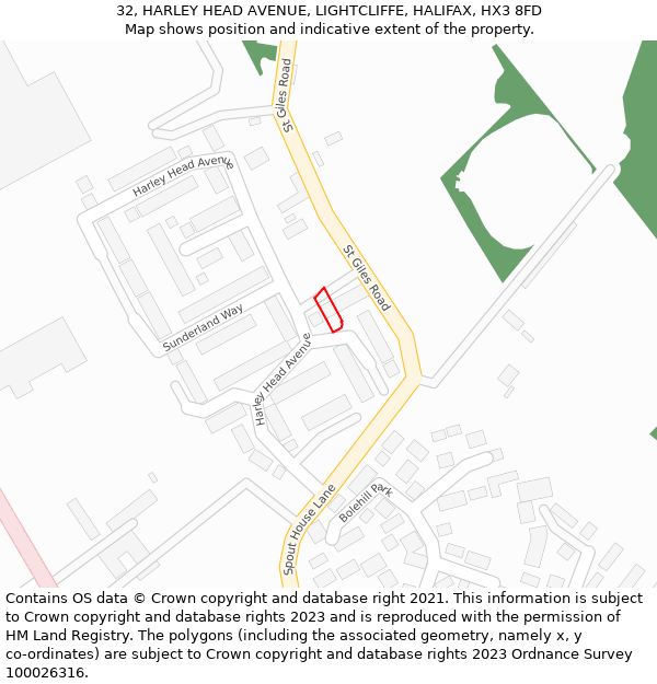 32, HARLEY HEAD AVENUE, LIGHTCLIFFE, HALIFAX, HX3 8FD: Location map and indicative extent of plot