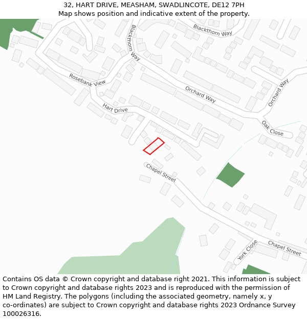 32, HART DRIVE, MEASHAM, SWADLINCOTE, DE12 7PH: Location map and indicative extent of plot