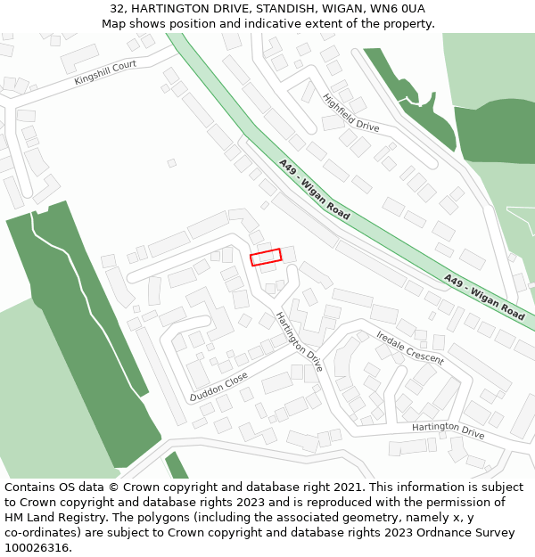 32, HARTINGTON DRIVE, STANDISH, WIGAN, WN6 0UA: Location map and indicative extent of plot