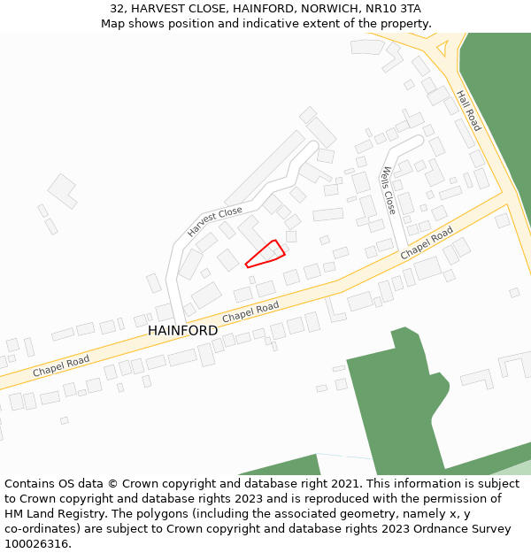 32, HARVEST CLOSE, HAINFORD, NORWICH, NR10 3TA: Location map and indicative extent of plot