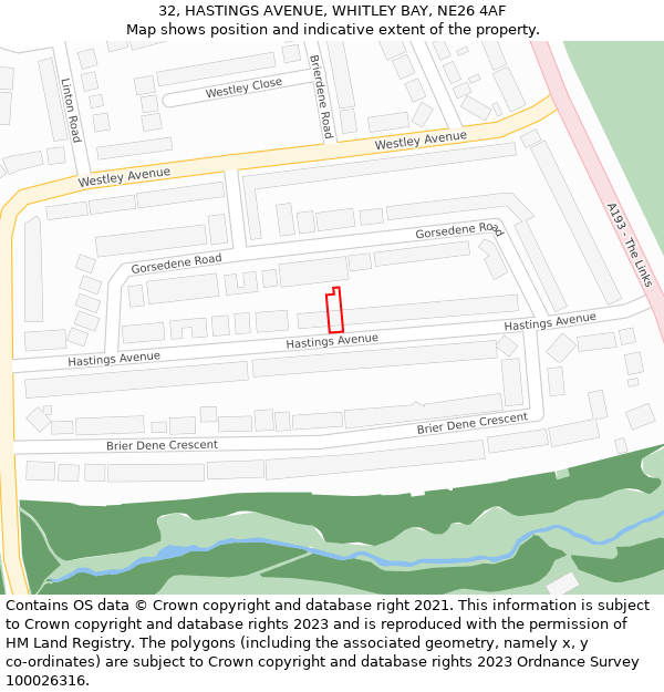 32, HASTINGS AVENUE, WHITLEY BAY, NE26 4AF: Location map and indicative extent of plot