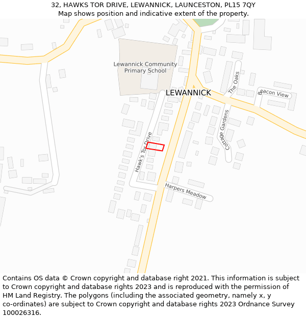 32, HAWKS TOR DRIVE, LEWANNICK, LAUNCESTON, PL15 7QY: Location map and indicative extent of plot