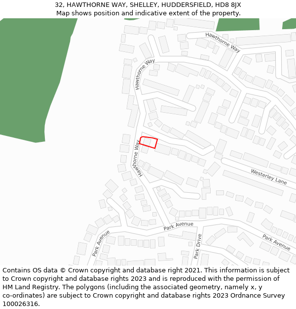 32, HAWTHORNE WAY, SHELLEY, HUDDERSFIELD, HD8 8JX: Location map and indicative extent of plot