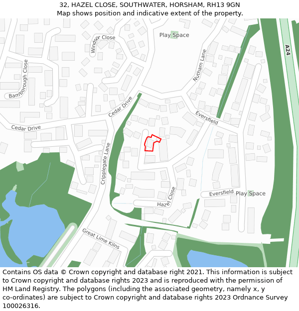 32, HAZEL CLOSE, SOUTHWATER, HORSHAM, RH13 9GN: Location map and indicative extent of plot