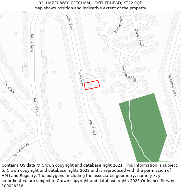 32, HAZEL WAY, FETCHAM, LEATHERHEAD, KT22 9QD: Location map and indicative extent of plot