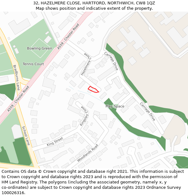 32, HAZELMERE CLOSE, HARTFORD, NORTHWICH, CW8 1QZ: Location map and indicative extent of plot