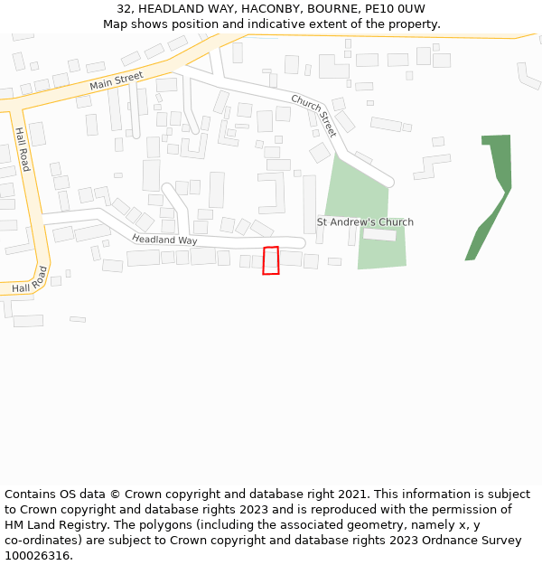 32, HEADLAND WAY, HACONBY, BOURNE, PE10 0UW: Location map and indicative extent of plot