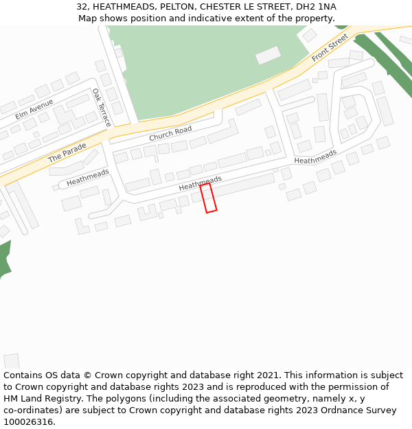 32, HEATHMEADS, PELTON, CHESTER LE STREET, DH2 1NA: Location map and indicative extent of plot