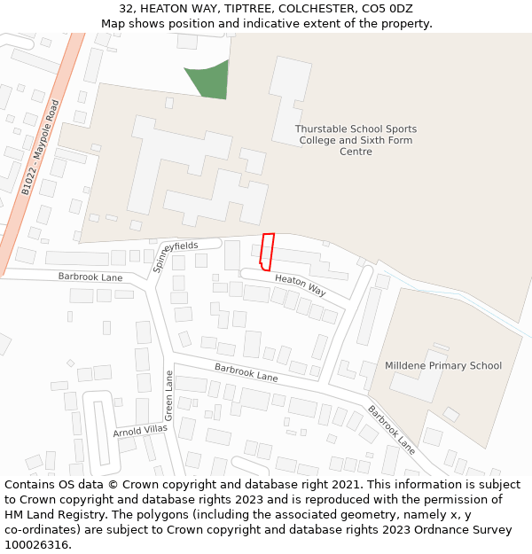 32, HEATON WAY, TIPTREE, COLCHESTER, CO5 0DZ: Location map and indicative extent of plot