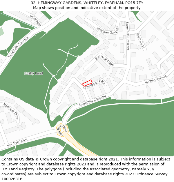 32, HEMINGWAY GARDENS, WHITELEY, FAREHAM, PO15 7EY: Location map and indicative extent of plot