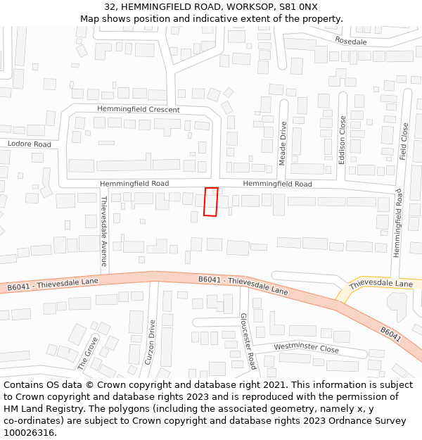 32, HEMMINGFIELD ROAD, WORKSOP, S81 0NX: Location map and indicative extent of plot