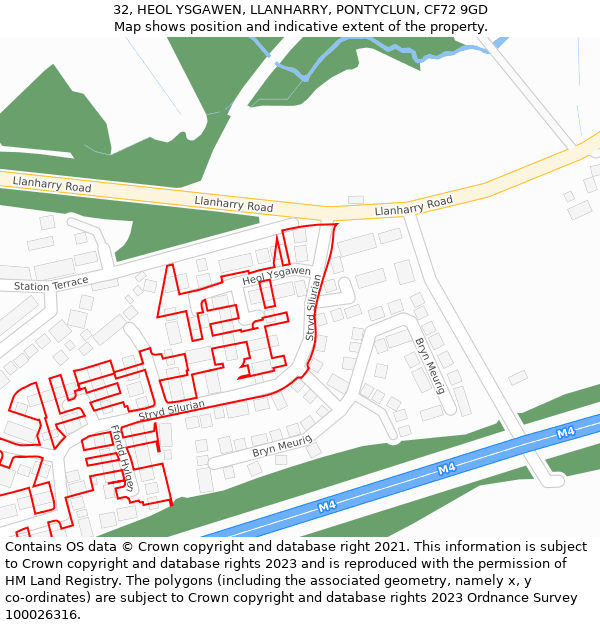32, HEOL YSGAWEN, LLANHARRY, PONTYCLUN, CF72 9GD: Location map and indicative extent of plot