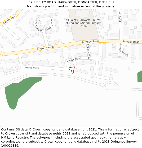 32, HESLEY ROAD, HARWORTH, DONCASTER, DN11 8JU: Location map and indicative extent of plot