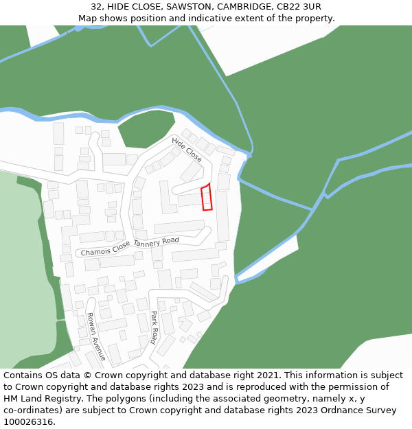 32, HIDE CLOSE, SAWSTON, CAMBRIDGE, CB22 3UR: Location map and indicative extent of plot