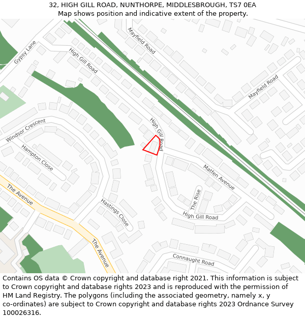 32, HIGH GILL ROAD, NUNTHORPE, MIDDLESBROUGH, TS7 0EA: Location map and indicative extent of plot