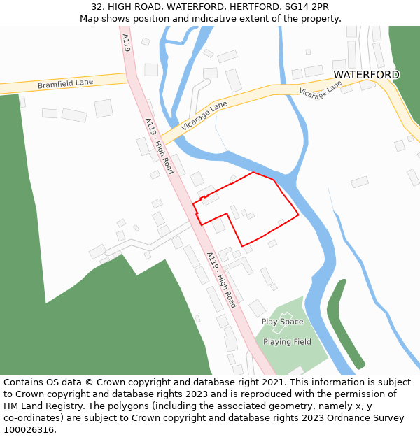 32, HIGH ROAD, WATERFORD, HERTFORD, SG14 2PR: Location map and indicative extent of plot