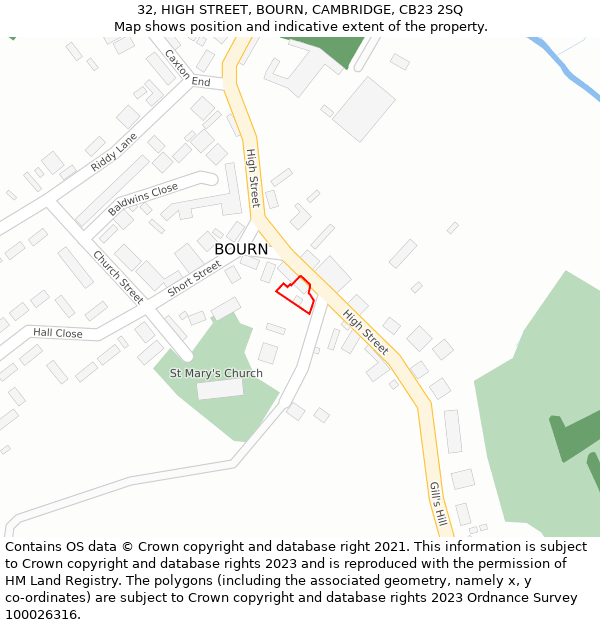 32, HIGH STREET, BOURN, CAMBRIDGE, CB23 2SQ: Location map and indicative extent of plot