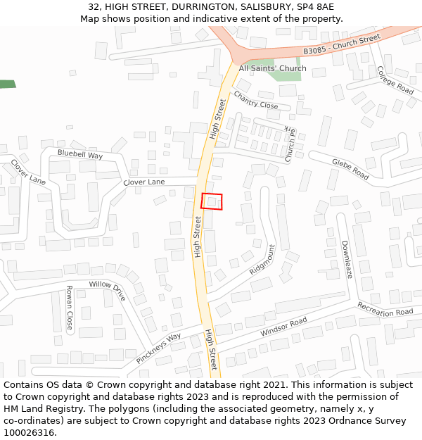 32, HIGH STREET, DURRINGTON, SALISBURY, SP4 8AE: Location map and indicative extent of plot