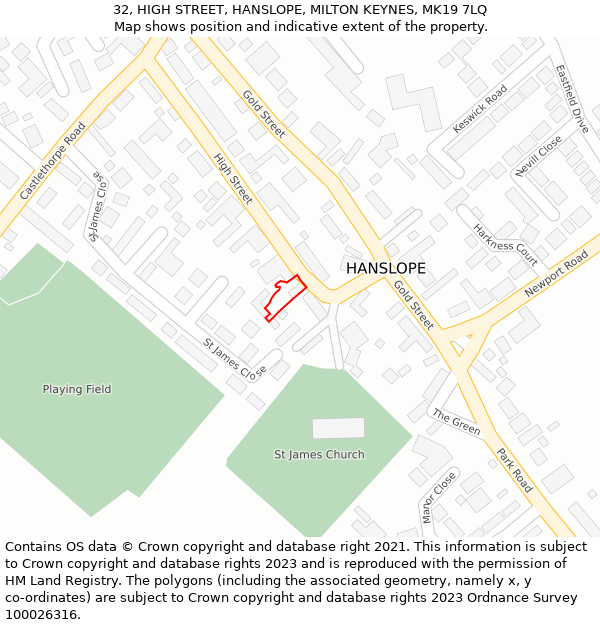 32, HIGH STREET, HANSLOPE, MILTON KEYNES, MK19 7LQ: Location map and indicative extent of plot