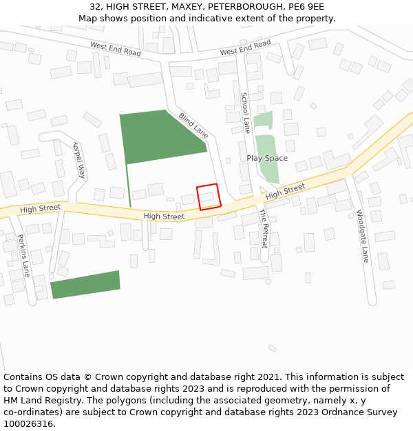 32, HIGH STREET, MAXEY, PETERBOROUGH, PE6 9EE: Location map and indicative extent of plot