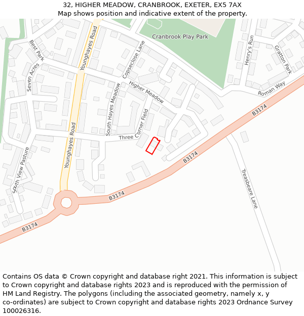 32, HIGHER MEADOW, CRANBROOK, EXETER, EX5 7AX: Location map and indicative extent of plot