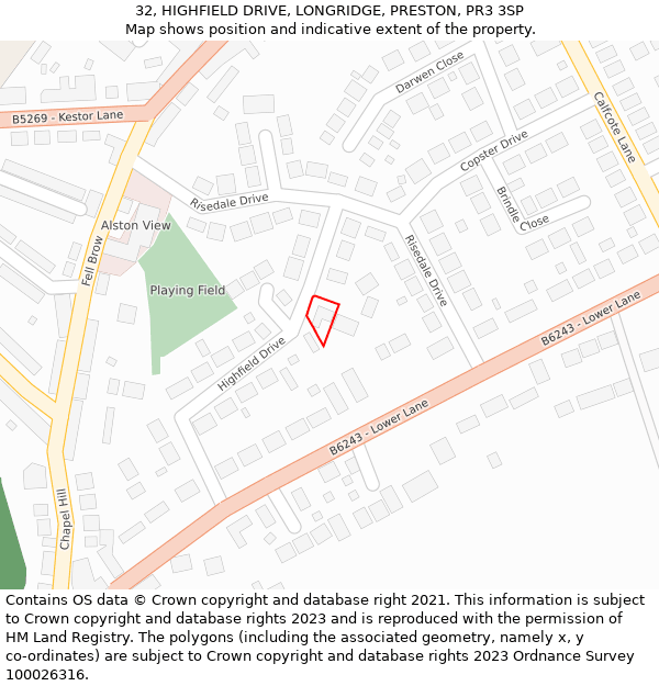 32, HIGHFIELD DRIVE, LONGRIDGE, PRESTON, PR3 3SP: Location map and indicative extent of plot