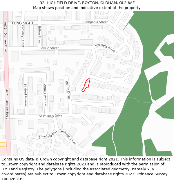 32, HIGHFIELD DRIVE, ROYTON, OLDHAM, OL2 6AF: Location map and indicative extent of plot